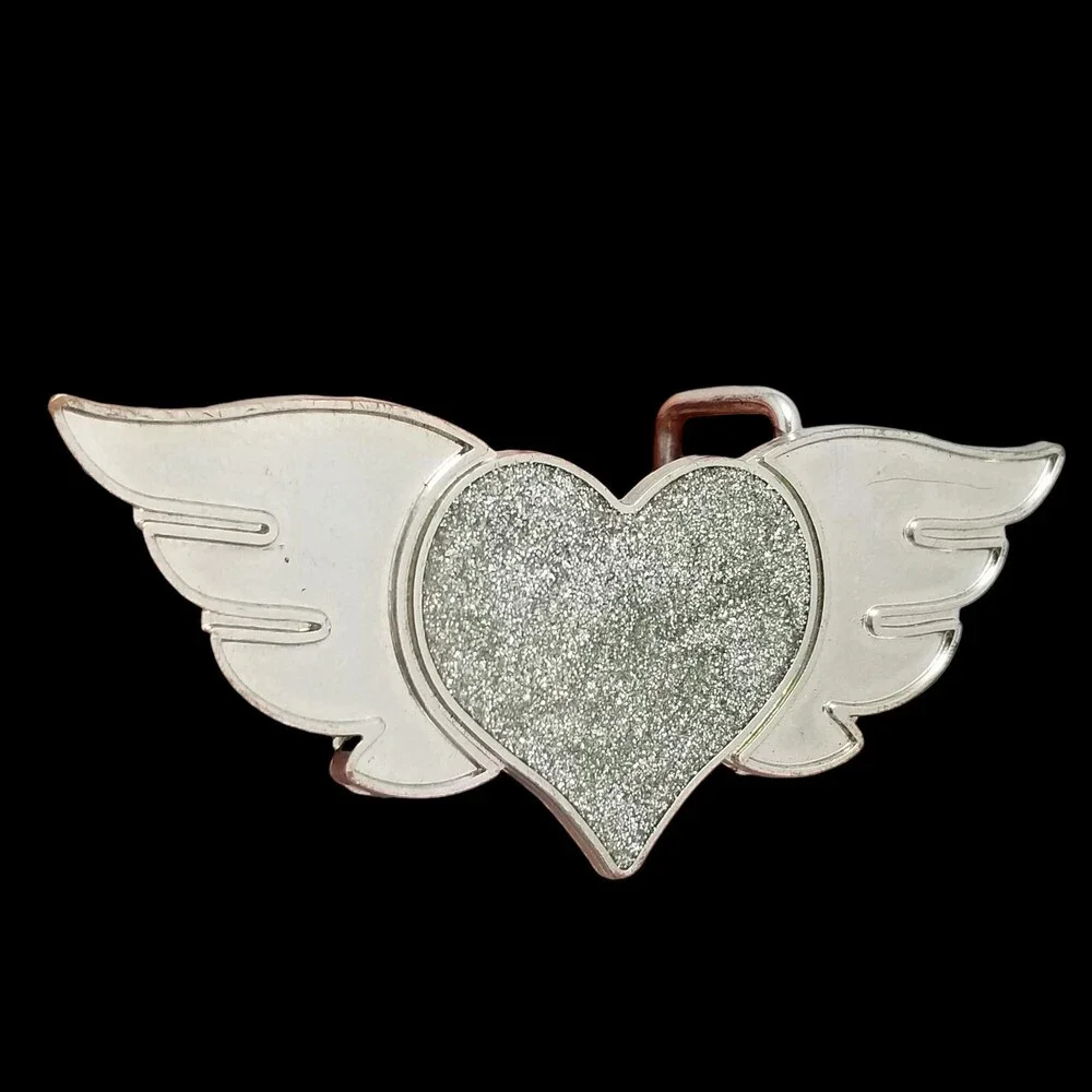Vintage Belt‎ Buckle Heart With Wings Silhouette Cutout Silver Color